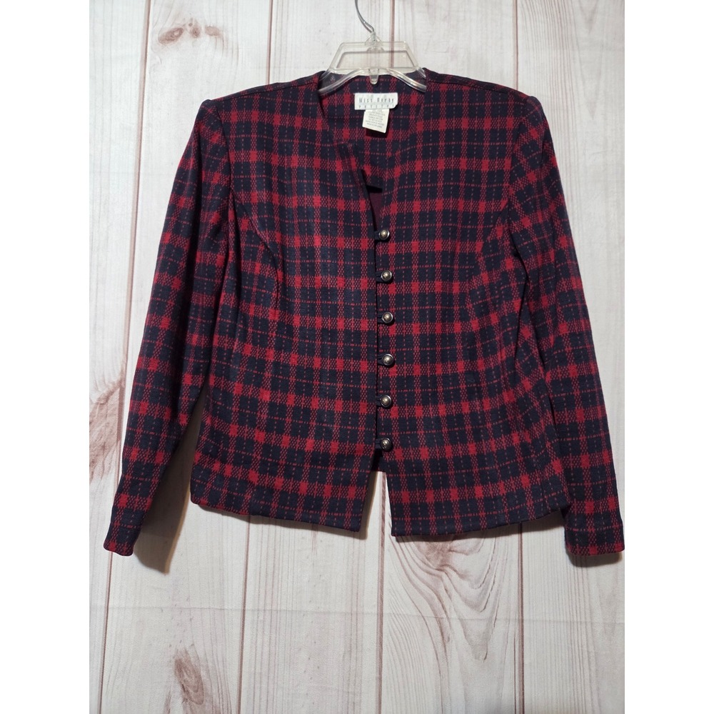 Miss Dorby Petites Red Navy‎ Plaid Button Front Blazer Jacket Size 8P Vintage